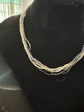 Multi-Strand Seed Bead Necklace in Pearl and Iridescent Blue